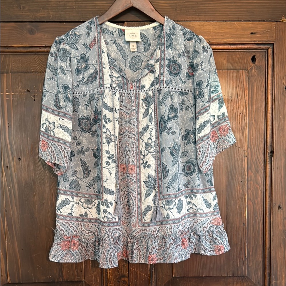 Anthropologie White and Blue Flutter Sleeve Blouse